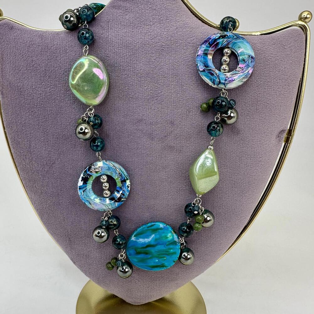 Turquoise Green Acrylic Statement Necklace 36" Silver Tone Beaded